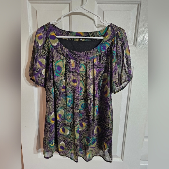 Sara Michelle Womens 1X Purple Blue Peacock Print Chiffon Blouse Preppy Boho 90s - Picture 2 of 7